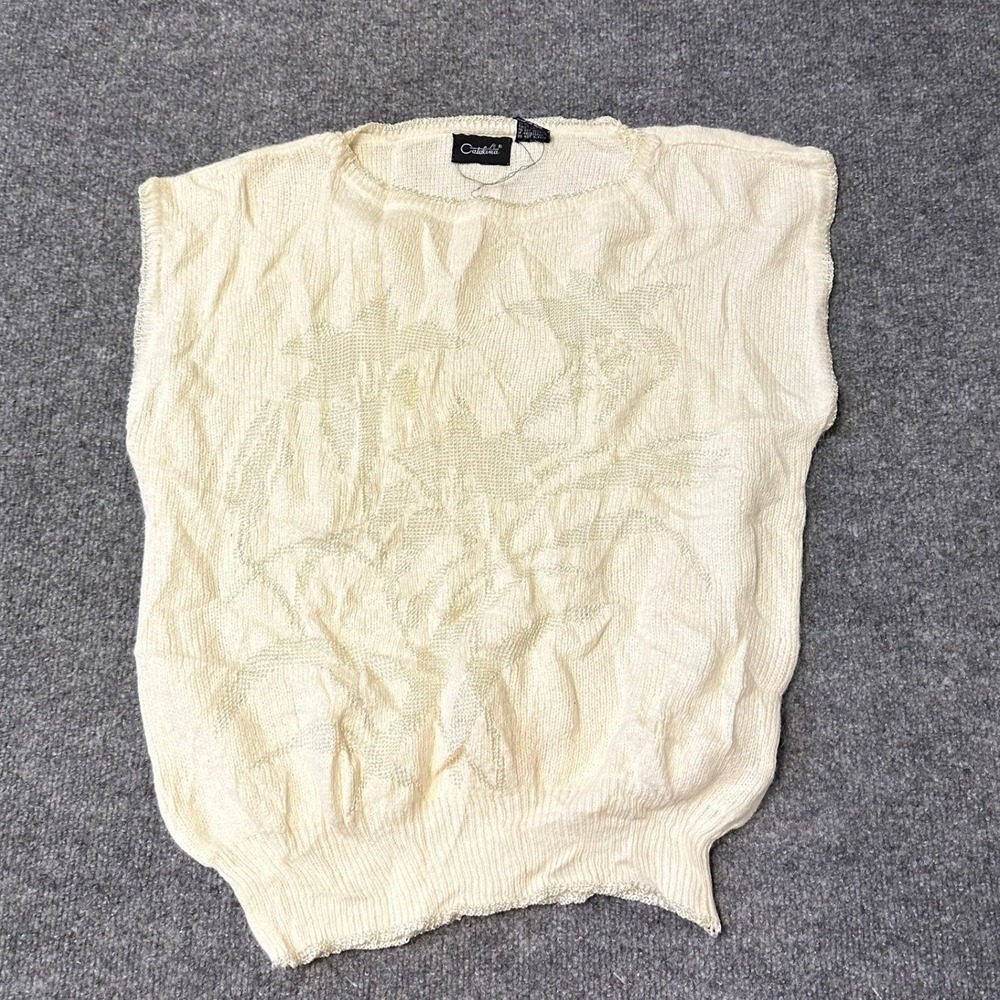 Catalina Knit Top Womens Size M Ivory Floral Textured Sleeveless Vintage Shell